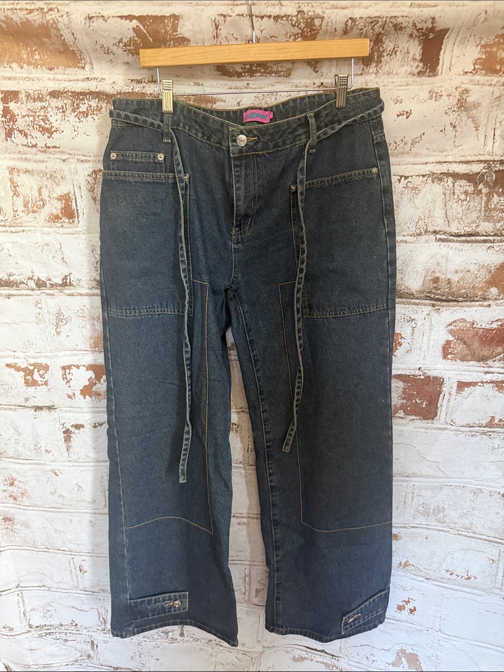 Edikted Dark Blue Wide-Leg Utility Jeans with Tie Waist
